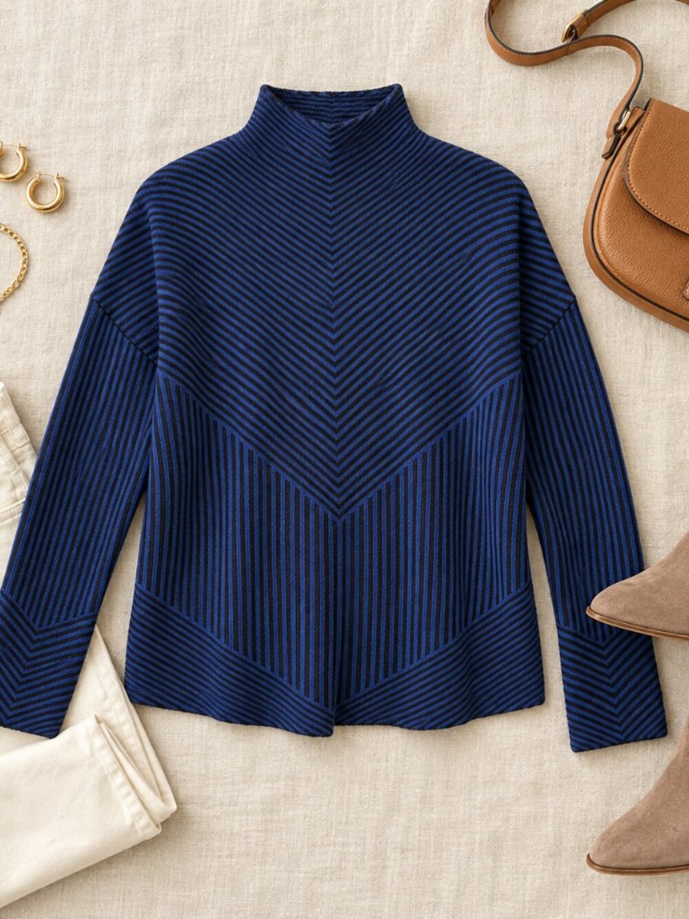 Cynthia Rowley Blue Black Striped Sweater Mock  Neck L EUC